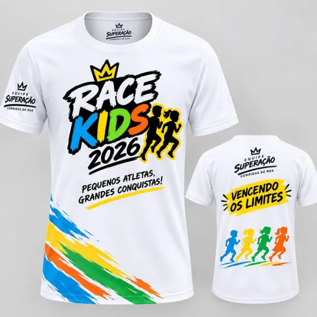 Camisa oficial da Race Kids 2026, branca, com a arte do evento na frente e nas costas