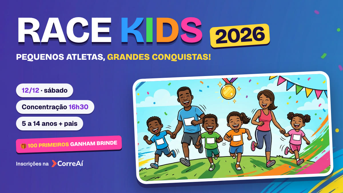 Race Kids 2026: pequenos atletas, grandes conquistas. Sábado, 12 de dezembro, concentração às 16h30, de 5 a 14 anos com pais. Ilustração de uma família correndo de mãos dadas, com medalha e bandeirinhas.