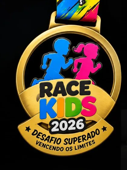 Medalha dourada da Race Kids 2026 com fita colorida