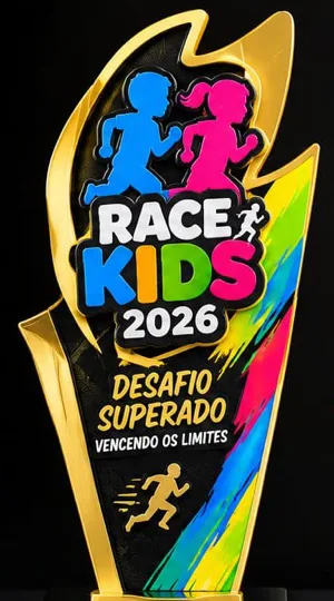 Troféu da Race Kids 2026, dourado com detalhes coloridos
